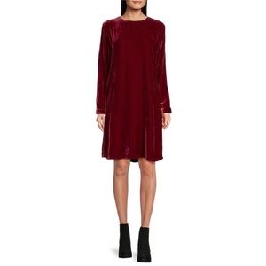 Eileen Fisher Red Silk Blend Velvet Round Neck Long Sleeve Dress X-Small